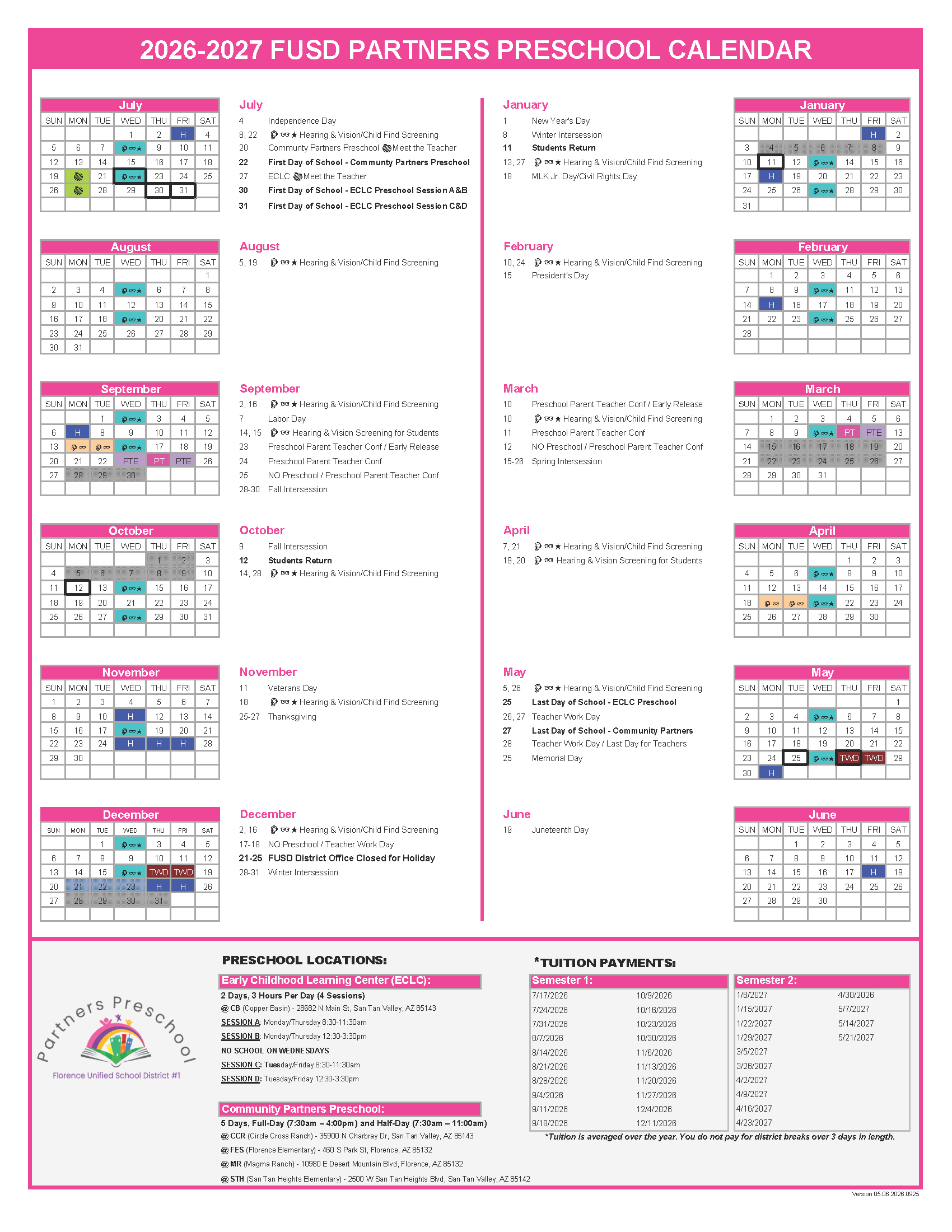 2026-2027 Preschool Calendar